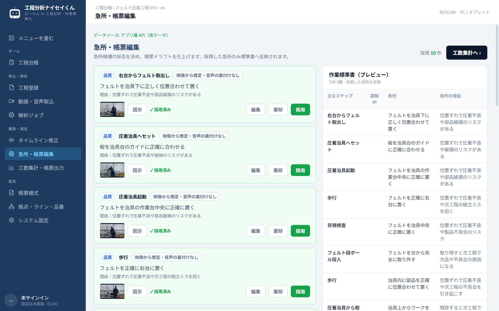 画面 5 急所・帳票編集(急所の候補と採否、作業標準書のプレビュー)